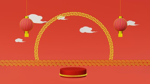 Red podium with golden girdle or stage background for show product have lamp and clouds on red and gold background with copy space 3d render. Chinese new year season concept.