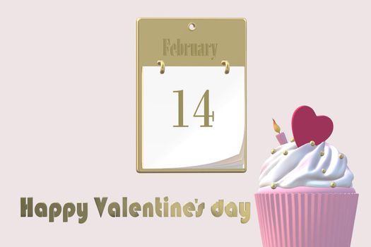 Love design for Valentine's card. 14 February calendar, cup cake with candle heart on top over pink background. 3D illustration