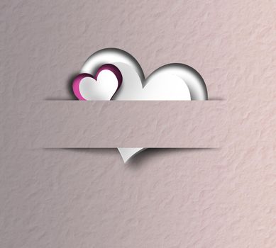 Elegant love Valentines card, pink hearts in paper strip on old paper pastel pink background. Pretty elegant Valentine day, birthday, love design. 3D render