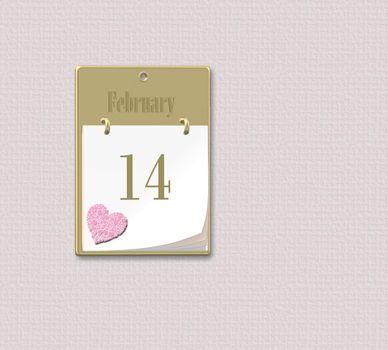 Calendar 14 February, Valentine's Day with pink Heart, Valentines card, day to remember. 3D illustration