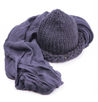 Gray cap and warm scarf on a white background.