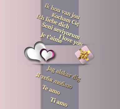Love concept in different languages. I love you text in different languages, hearts, gift box on pink pastel background. 3D illustration
