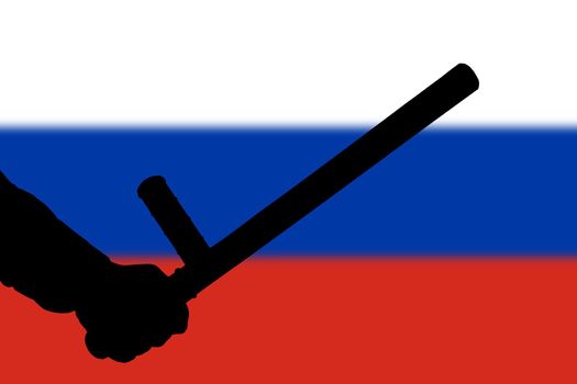 hand with police tonfa rubber stick silhouette and blurry russian flag in the background - violent riot control concept