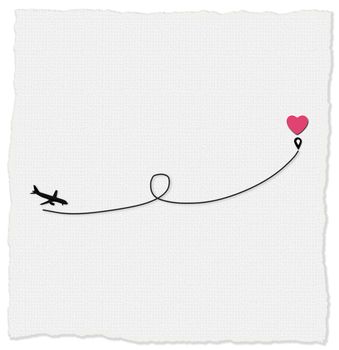 Love airplane route to destination point pink heart. Romantic travel, heart, plane route, path. Valentines card, love concept, isolated on white background. Copy space, place for text. 3D illustration