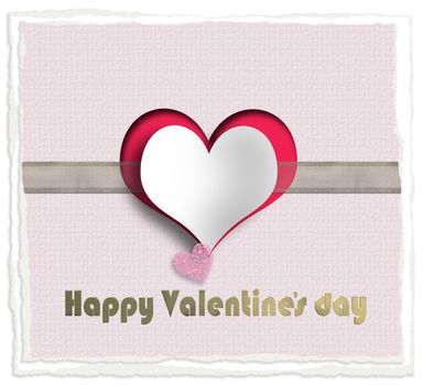 Cute love story, two hearts on pink background with ribbon, gold text Happy Valentines day. Valentines, wedding, love card. 3D illustration