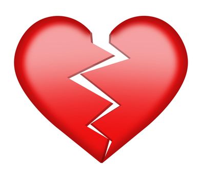 A broken red heart button isolated on white with clipping path