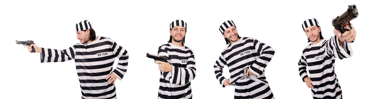 Prison inmate with gun isolated on white