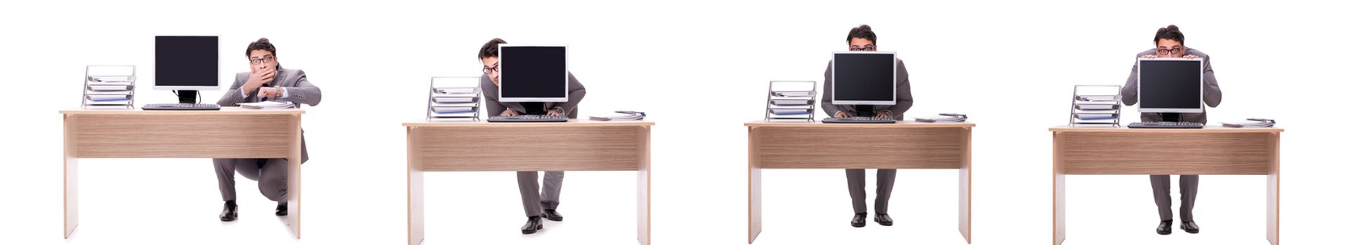 Businessman hiding in the office isolated on white