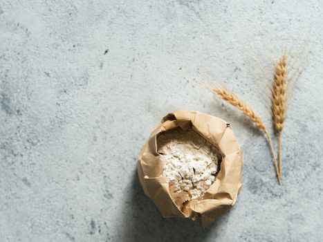 Wheat flour in paper bag and spikes over gray cement background. Food and baking ingredient - all-purpose flour with copy space