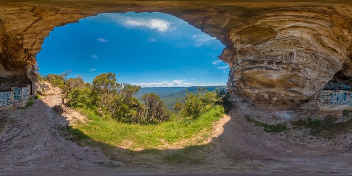 Spherical 360 panorama photograph of the Jamison Valley from Kings Tableland near Wentworth Falls in The Blue Mountains in regional New South Wales in Australia