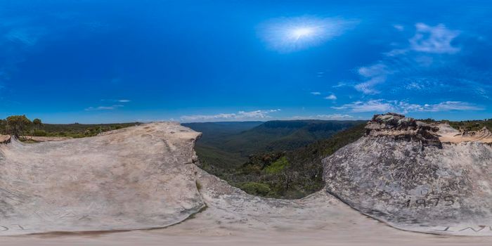 Spherical 360 panorama photograph of the Jamison Valley from Kings Tableland near Wentworth Falls in The Blue Mountains in regional New South Wales in Australia