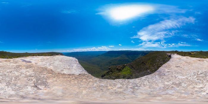 Spherical 360 panorama photograph of the Jamison Valley from Kings Tableland near Wentworth Falls in The Blue Mountains in regional New South Wales in Australia