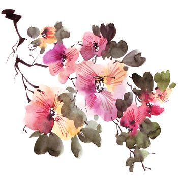 Watercolor and ink illustration of tree branch in bloom - with flowers, buds and leaves. Oriental traditional painting in style sumi-e, u-sin and gohua.