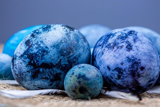 Blue Easter eggs close-up, selective focus, shallow depth of field. Concept, healthy food, spring religious holidays.