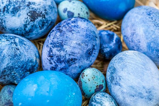 Blue Easter eggs close-up, selective focus, shallow depth of field. Concept, healthy food, spring religious holidays.