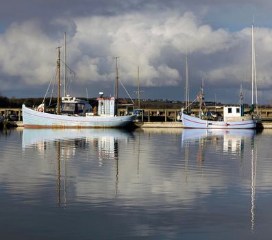 Sail boats anchored at the bay in Lemvig, Denmark