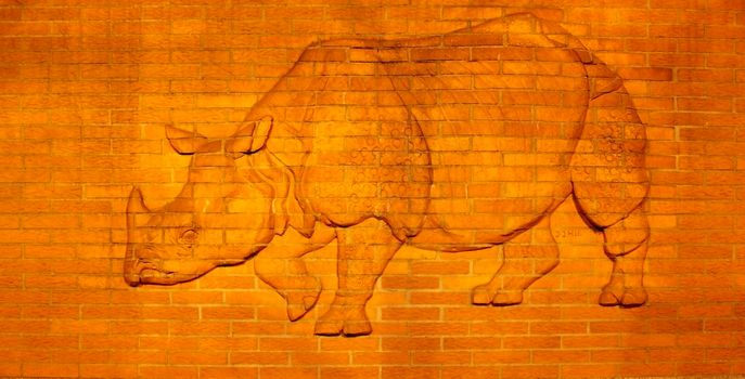 Rhino bas-relief mural art on the walls of the Berlin zoo