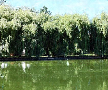 Beautiful landscape with willow trees by the water, watercolor style background