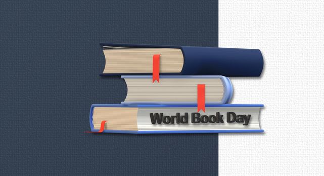 World book day with books on white blue background. World Day Book concept. 3D illustration