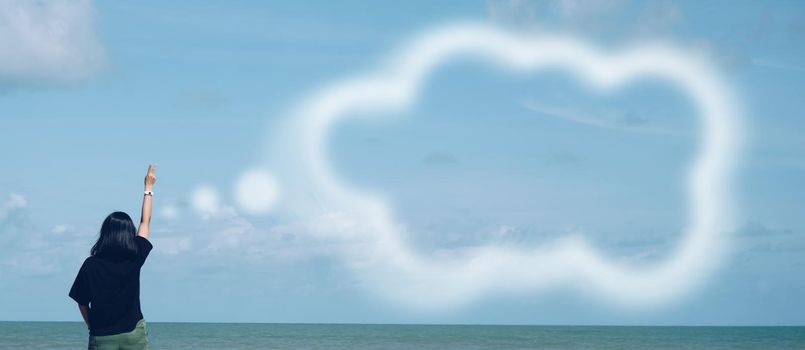 Woman rise hand up to sky with thinking or dreaming to something you can put on blank space. Banner background.