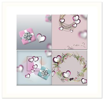 Love card, Valentines collage in pastel pink colour. Pink paper hearts, gift box, floral wreath. Elegant love card. 3D rendering