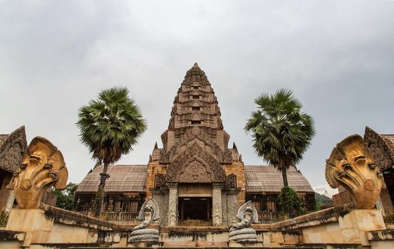 Facade of Old ruined abandoned Mansion view. A historic mansion inspired by the Cambodian of Angkor Wat. Selective focus.