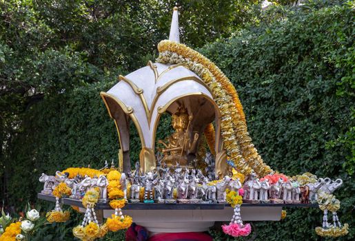 Bangkok, Thailand - 18 Jan 2021 : The Thao Maha Phrom Shrineis a shrine which houses a statue of Phra Phrom (Four faced god). The Thai representation of Brahma, the Hindu god of creation. Selective focus.
