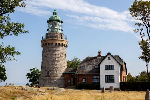 Bornholm, Denmark - August 10, 2020: Exterior view of Hammeren Lighthouse on Bornholm Island.