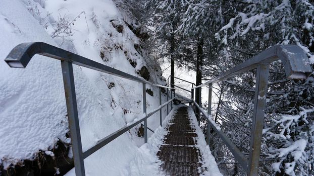 First-person view of a metal bridge in the forest. I walk across a bridge in a snowy gorge, among white rocks and trees. A clear river runs. Mountainous terrain. Snow is falling. Almarasan, Almaty