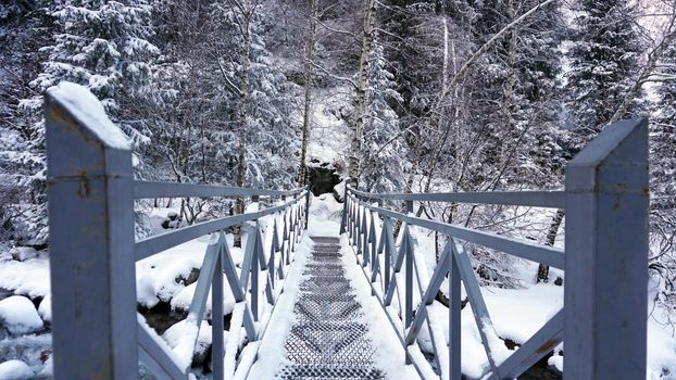 First-person view of a metal bridge in the forest. I walk across a bridge in a snowy gorge, among white rocks and trees. A clear river runs. Mountainous terrain. Snow is falling. Almarasan, Almaty