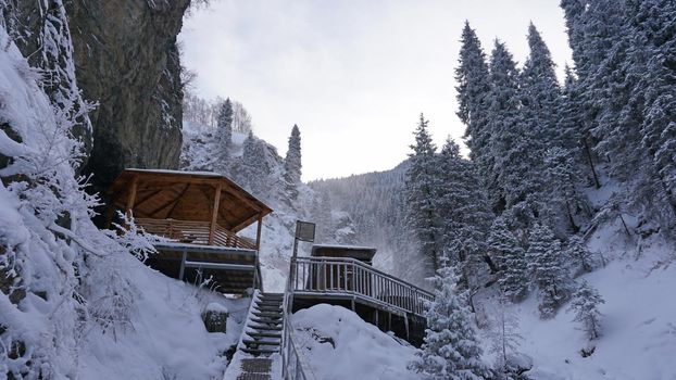 There is steam from barrels with hot springs. Warm radon clean river. Bridge and metal structures for swimming. Gazebo and cabins. Mountainous terrain in winter. Tall fir trees. Almarasan, Almaty