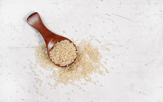 White sesame - Sesamum indicum - seeds in small wooden spoon on white stone like board, view from above.