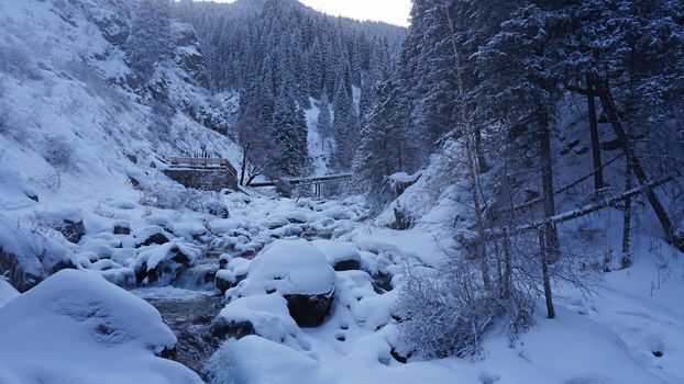 A clear mountain river runs through a snowy gorge. There is a metal bridge covered with snow. Tall spruce trees grow on the slopes of the mountains. There is steam from the river. Almarasan, Almaty