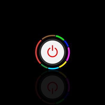 On Off Push style power buttons, The On Off buttons are enclosed in red icon in white circle and black round button with neon multicolors and shadow in black background.
