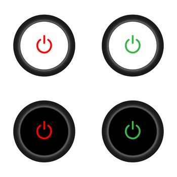 Set of 2 On Off push power buttons with dark grey background, The Off buttons are enclosed in red circle and the on buttons in green circle,