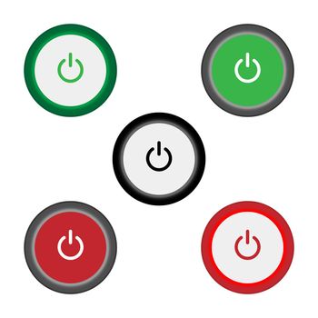Set of 5 On Off slider style power buttons with black background, The Off buttons are enclosed in red, black, green and white icon in circle,