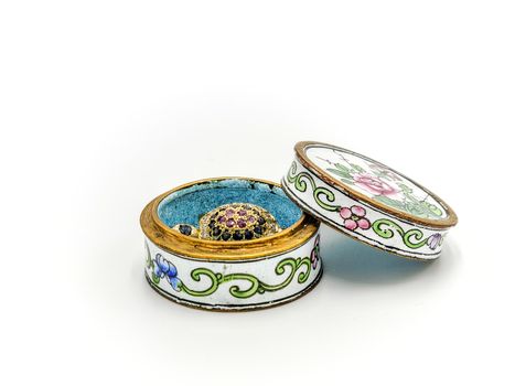 Rustic Vintage Round Jewelry Porcelain Decorative Floral Trinket Box in White Background