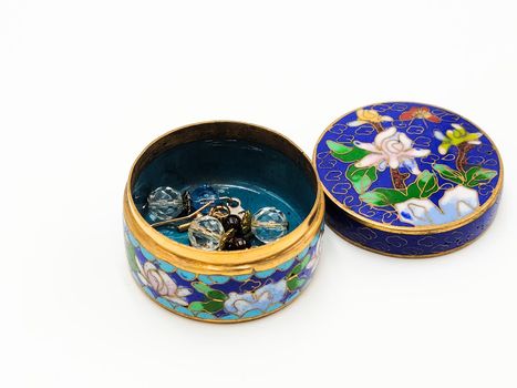Rustic Vintage Round Jewelry Porcelain Decorative Floral Trinket Box in White Background