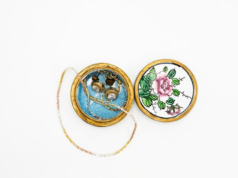 Rustic Vintage Round Jewelry Porcelain Decorative Floral Trinket Box in White Background