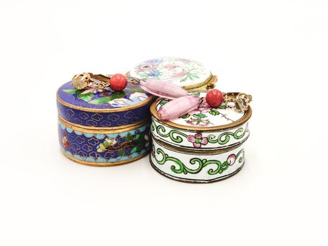 Rustic Vintage Round Jewelry Porcelain Decorative Floral Trinket Box in White Background