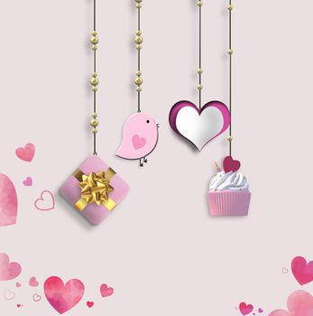 Cute Valentine's card. Hanging heart, gift box, cup cake on pink background. Love, wedding, birthday, Valentin's card. 3D illustration