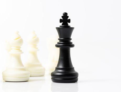 Close up Set of black and white chess pieces on chessboard, Set of chess figures on white background