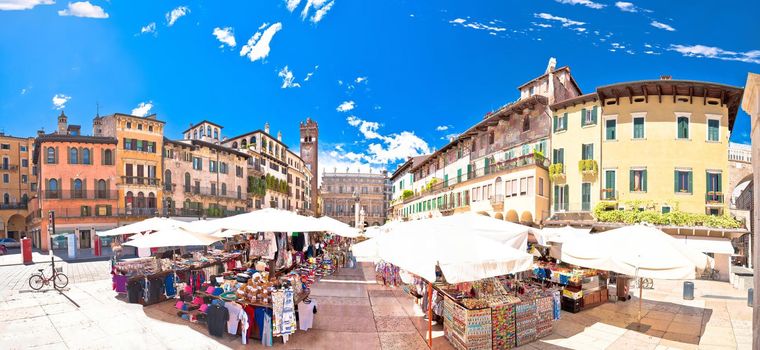 Piazza delle erbe in Verona street and market panoramic view, tourist destination in Veneto region of Italy
