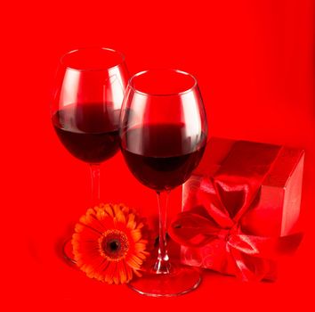 Valentine's day concept, gift box , with flower, ine glass, with candle