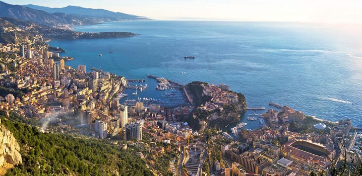 Principality of Monaco aerial panoramic coastline view, skyscrapers of Cote D Azur
