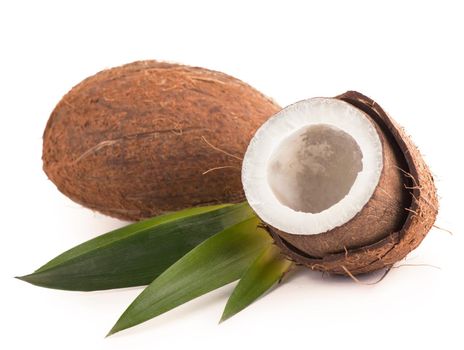 Coconuts with leaves on a white background.