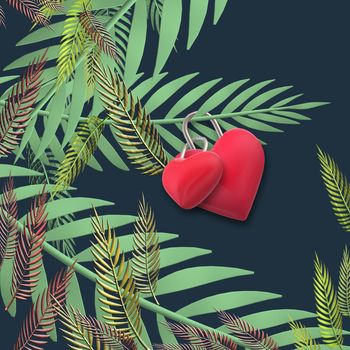 Two linked hearts. Connected red hearts on exotic, tropical leaves trendy background. Valentins, love, marrige unusual elegant design. 3D illustration