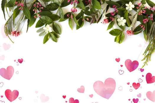 Fresh border of flowers, top view on white background with pink hearts. Design frame for Valentines, marriage, birthday, 8 March, mothers day, invitation, Easter
