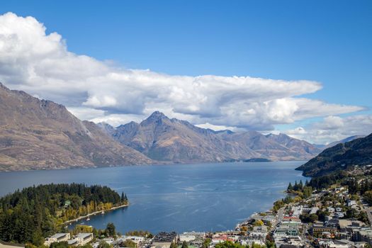 Queenstown, New Zealand - March 26, 2015: View of Lake Wakatipu and Queenstown from Queenstown Hill