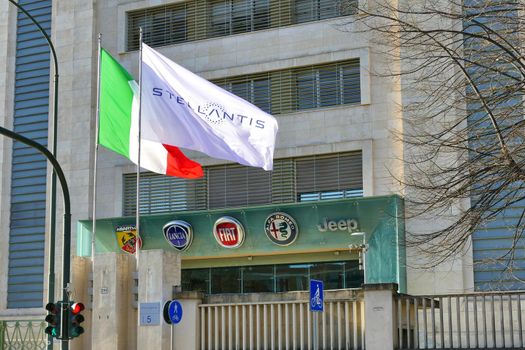 Stellantis corporation flag at italian headquarters after merging between Groupe PSA and FCA automotive Turin Italy January 25 2021